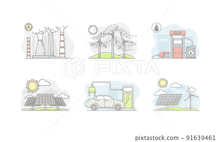 Electricity power generation resources set. Electric energy generation stations vector illustration 91639461