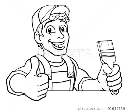 Painter Decorator Paintbrush Handyman Cartoon Man 91639539