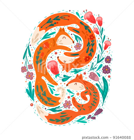 Vector illustration of family dancing foxes with folk art and flowers around. Love and family. Animals cliparts with floral decorations 91640088