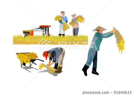 一個美麗的日本山村，有一座古老的民居。人們在秋收的時候努力收割稻穀。它是 91640615