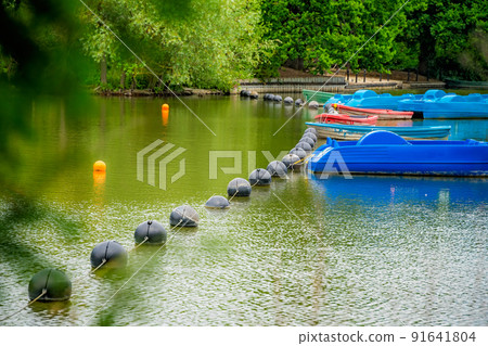 Empty blue paddle boats in London Park Empty blue paddle boats in London Park 91641804