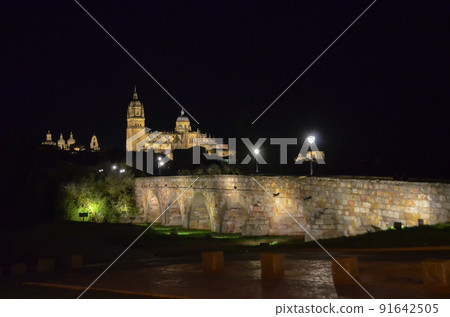 Salamanca Cathedral and Roman Bridge at night (Spain) Salamanca Cathedral and Roman Bridge at night (Spain) 91642505