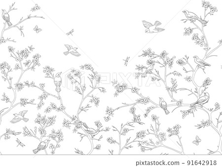 Cherry blossom branches against the sky with sparrow Cherry blossom branches against the sky with sparrow 91642918