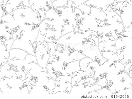 Cherry blossom branches against the sky with sparrow Cherry blossom branches against the sky with sparrow 91642936