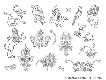 Byzantine traditional historical motifs of animals, birds, flowers and plants  91642969