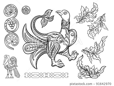Byzantine traditional historical motifs of animals, birds, flowers and plants  91642970