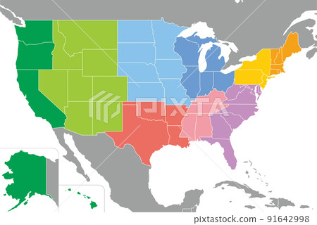 Map of the United States, 50 states, 9 districts color coded 91642998