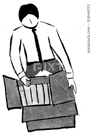 將材料放入紙板中的高個子商人（墨水中的手繪人物插圖） 91644055
