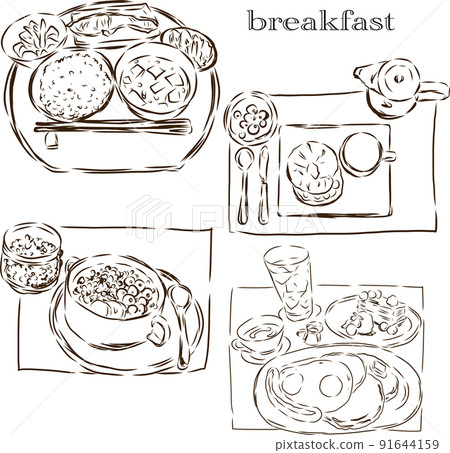 Breakfast set from various countries Brown line drawing 91644159