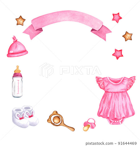 Cute set of watercolor isolated elements for a newborn. The world of a little girl: ribbon, bodysuit, booties, bottle, stars, pacifier. Hand drawn clipart for printing postcards, newborn products Cute set of watercolor isolated elements for a newborn. The world of a little girl: ribbon, bodysuit, booties, bottle, stars, pacifier. Hand drawn clipart for printing postcards, newborn products 91644469