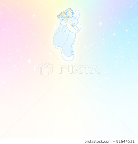 漂浮在柔和的彩虹背景上的音樂天使插畫素材 91644531