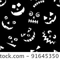 scary face pattern. halloween background. Seamless pattern with cartoon scary ghost faces on black background. 91645350