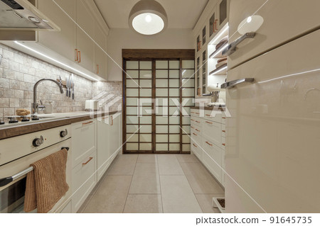 Modern Japandi interior design appartment in earth tones, natural textures with wooden solid oak furniture and sliding Japanese wood doors. Japandi concept 91645735