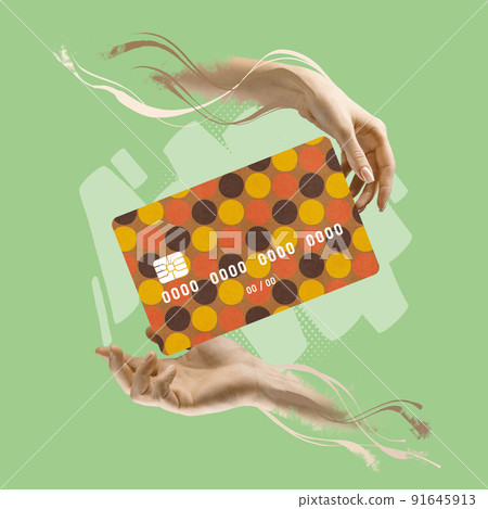 Contemporary art collage. Modern colorful design with credit card around human hands isolated over green background Contemporary art collage. Modern colorful design with credit card around human hands isolated over green background 91645913