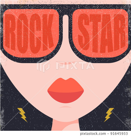 Modern cover with Abstract rock star girl with sunglasses. Stylish and fashion female avatar. Rock n roll party poster design template with woman 91645933