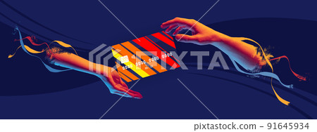 Contemporary art collage. Modern colorful design with credit card on human hand isolated on dark blue background 91645934