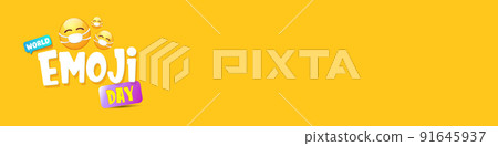 World emoji day greeting horizontal banner with smile face Emoji sticker with mouth medical protection mask isolated on orange background. 91645937