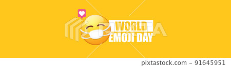 World emoji day greeting horizontal banner with smile face Emoji sticker with mouth medical protection mask isolated on orange background. 91645951