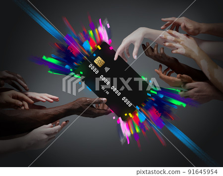Contemporary art collage. Modern design with black credit card around many human hands isolated over dark background with neon lights Contemporary art collage. Modern design with black credit card around many human hands isolated over dark background with neon lights 91645954