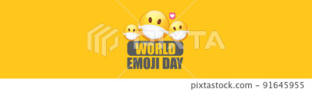 World emoji day greeting horizontal banner with smile face Emoji sticker with mouth medical protection mask isolated on orange background. 91645955