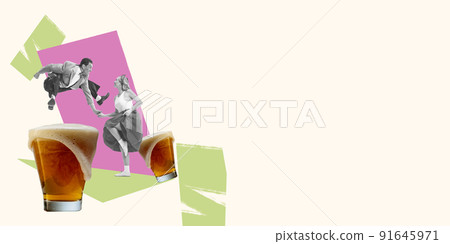 Contemporary art collage. Creative design. Stylish man and woman dancing retro dance, drinking alcohol, having party. Flyer Contemporary art collage. Creative design. Stylish man and woman dancing retro dance, drinking alcohol, having party. Flyer 91645971