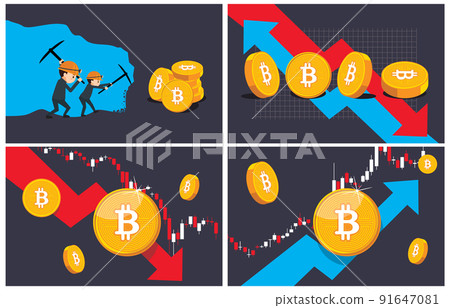An image of mining bitcoin and a vector illustration representing the rise and fall in the value of bitcoin. 91647081