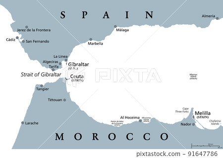 Strait of Gibraltar, gray political map. Also known as Straits of Gibraltar. A narrow strait, connecting Atlantic Ocean to Mediterranean Sea, separating the Iberian Peninsula from Morocco and Africa. Strait of Gibraltar, gray political map. Also known as Straits of Gibraltar. A narrow strait, connecting Atlantic Ocean to Mediterranean Sea, separating the Iberian Peninsula from Morocco and Africa. 91647786