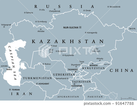 Central Asia, gray political map. Subregion of Asia, consisting of former Soviet republics, stretching from the Caspian Sea to China and Mongolia, and from south of Russia to Afghanistan and Iran. 91647788
