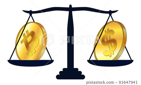Gold coin of Bitcoin BTC and american dollar USD on scales isolated on white background. Laws on digital assets CBDC. 91647941