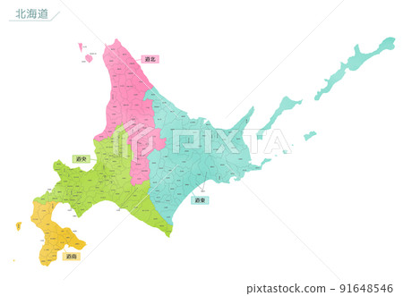 Watercolor-style map Hokkaido by region Watercolor-style map Hokkaido by region 91648546