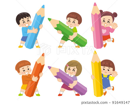 Children are playing with big colored pencils 91649147