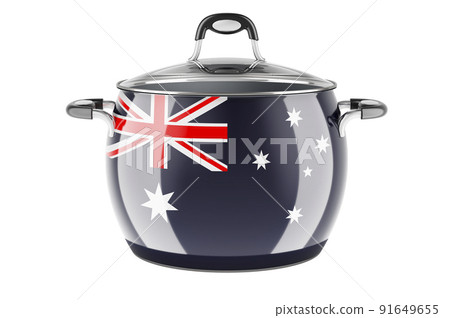 Australian national cuisine concept. Australian flag painted on the stainless steel stock pot. 3D rendering Australian national cuisine concept. Australian flag painted on the stainless steel stock pot. 3D rendering 91649655