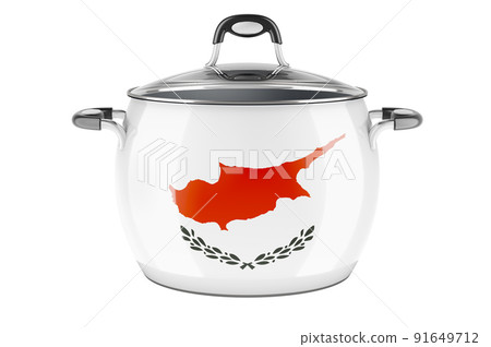 Cypriot national cuisine concept. Cypriot flag painted on the stainless steel stock pot. 3D rendering 91649712
