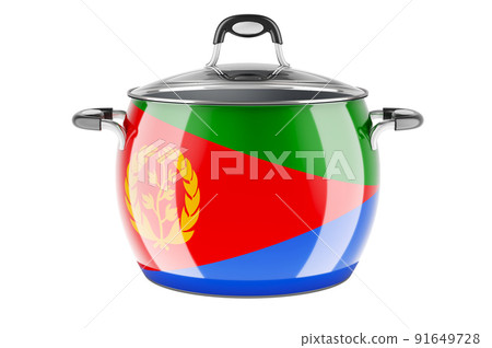 Eritrean national cuisine concept. Eritrean flag painted on the stainless steel stock pot. 3D rendering Eritrean national cuisine concept. Eritrean flag painted on the stainless steel stock pot. 3D rendering 91649728