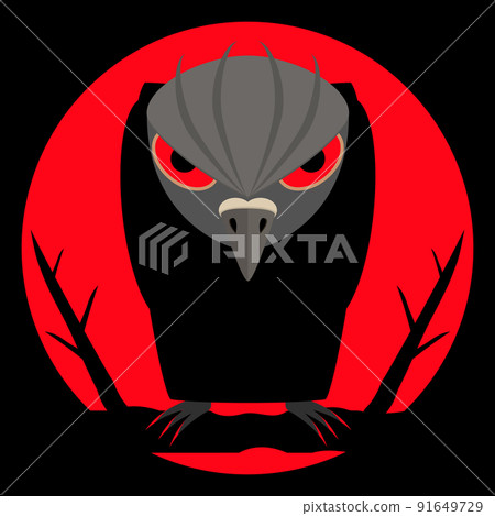 Black raven with scary bloody eyes and sharp claws on night background and of a large red moon. Dark silhouette with evil look. Halloween background. Vector illustration. Black raven with scary bloody eyes and sharp claws on night background and of a large red moon. Dark silhouette with evil look. Halloween background. Vector illustration. 91649729