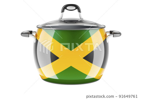 Jamaican national cuisine concept. Jamaican flag painted on the stainless steel stock pot. 3D rendering Jamaican national cuisine concept. Jamaican flag painted on the stainless steel stock pot. 3D rendering 91649761