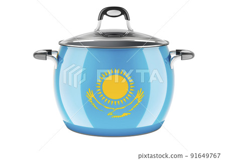 Kazakh national cuisine concept. Kazakh flag painted on the stainless steel stock pot. 3D rendering 91649767
