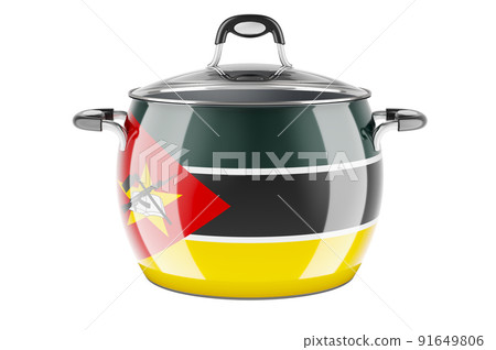 Mozambican national cuisine concept. Mozambican flag painted on the stainless steel stock pot. 3D rendering 91649806