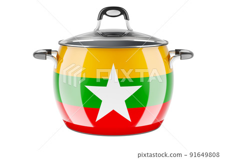 Myanmar national cuisine concept. Myanmar flag painted on the stainless steel stock pot. 3D rendering 91649808