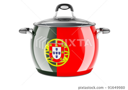Portuguese national cuisine concept. Portuguese flag painted on the stainless steel stock pot. 3D rendering Portuguese national cuisine concept. Portuguese flag painted on the stainless steel stock pot. 3D rendering 91649980