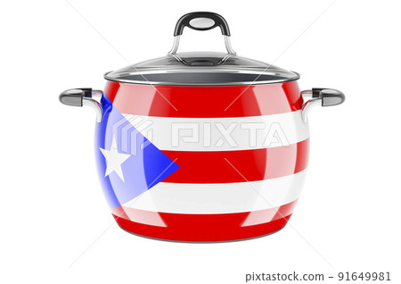 Puerto Rican national cuisine concept. Puerto Rican flag painted on the stainless steel stock pot. 3D rendering 91649981