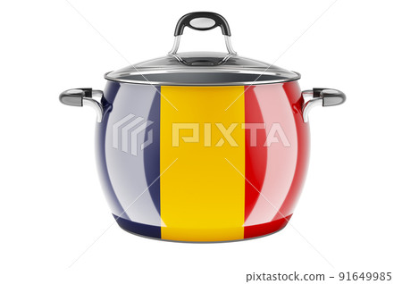 Romanian national cuisine concept. Romanian flag painted on the stainless steel stock pot. 3D rendering Romanian national cuisine concept. Romanian flag painted on the stainless steel stock pot. 3D rendering 91649985