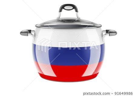 Russian national cuisine concept. Russian flag painted on the stainless steel stock pot. 3D rendering Russian national cuisine concept. Russian flag painted on the stainless steel stock pot. 3D rendering 91649986
