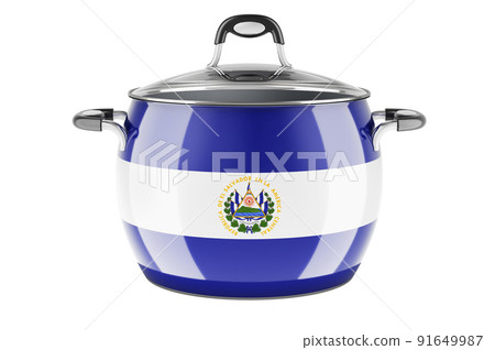 Salvadoran national cuisine concept. Salvadoran flag painted on the stainless steel stock pot. 3D rendering Salvadoran national cuisine concept. Salvadoran flag painted on the stainless steel stock pot. 3D rendering 91649987