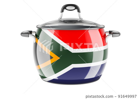 South African national cuisine concept. South African flag painted on the stainless steel stock pot. 3D rendering South African national cuisine concept. South African flag painted on the stainless steel stock pot. 3D rendering 91649997