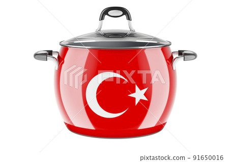 Turkish national cuisine concept. Turkish flag painted on the stainless steel stock pot. 3D rendering Turkish national cuisine concept. Turkish flag painted on the stainless steel stock pot. 3D rendering 91650016