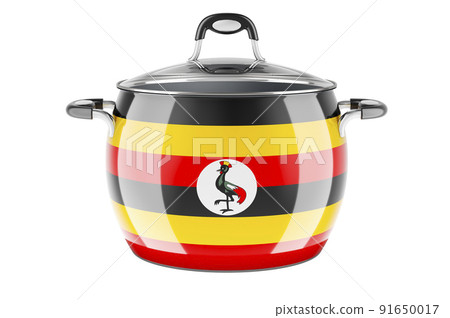 Ugandan national cuisine concept. Ugandan flag painted on the stainless steel stock pot. 3D rendering Ugandan national cuisine concept. Ugandan flag painted on the stainless steel stock pot. 3D rendering 91650017