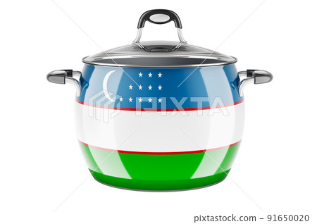 Uzbek national cuisine concept. Uzbek flag painted on the stainless steel stock pot. 3D rendering Uzbek national cuisine concept. Uzbek flag painted on the stainless steel stock pot. 3D rendering 91650020