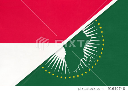 Monaco and African Union national flag from textile. Africa continent vs Monacan national flags Monaco and African Union national flag from textile. Africa continent vs Monacan national flags 91650748
