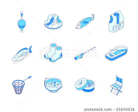 Fishing equipment - modern line isometric icons set 91650816